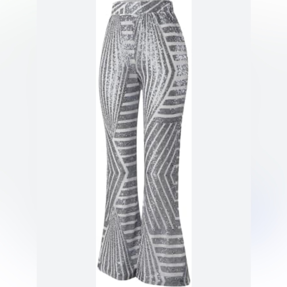 Stylish Silver and White Sequin Flare Pants